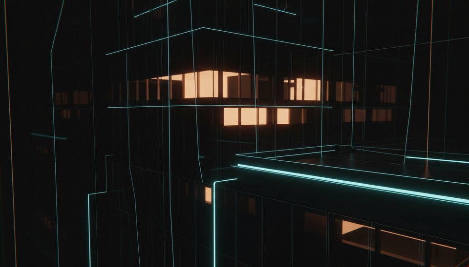 A lit office tower at dusk rendered as a 3D world: the Apex Command Center